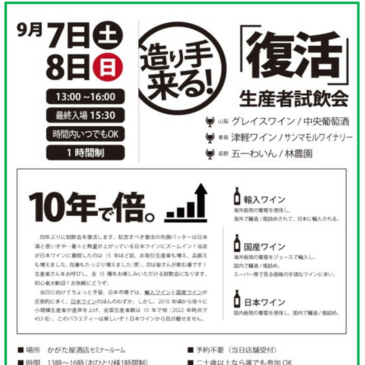 9/7(土)8(日) 造り手来る！「復活」生産者試飲会/1時間制/予約不要